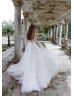 Strapless White Lace Tulle Twinkling Wedding Dress With Removable Sleeves